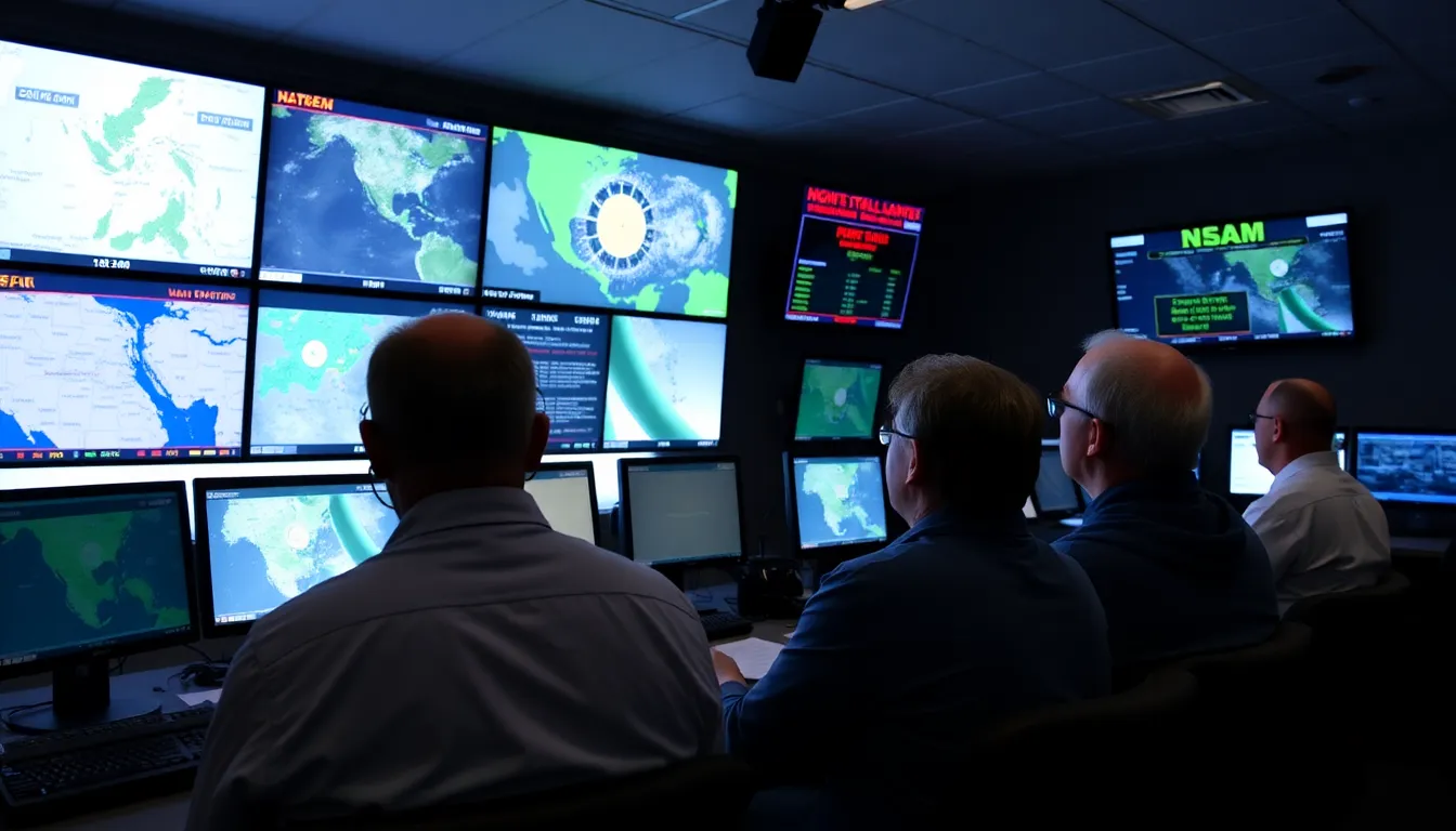 A bustling scene at the Kennedy Space Center, illustrating the collaborative efforts of NASA and private aerospace companies as they prepare for the Artemis II mission amidst changing weather conditions