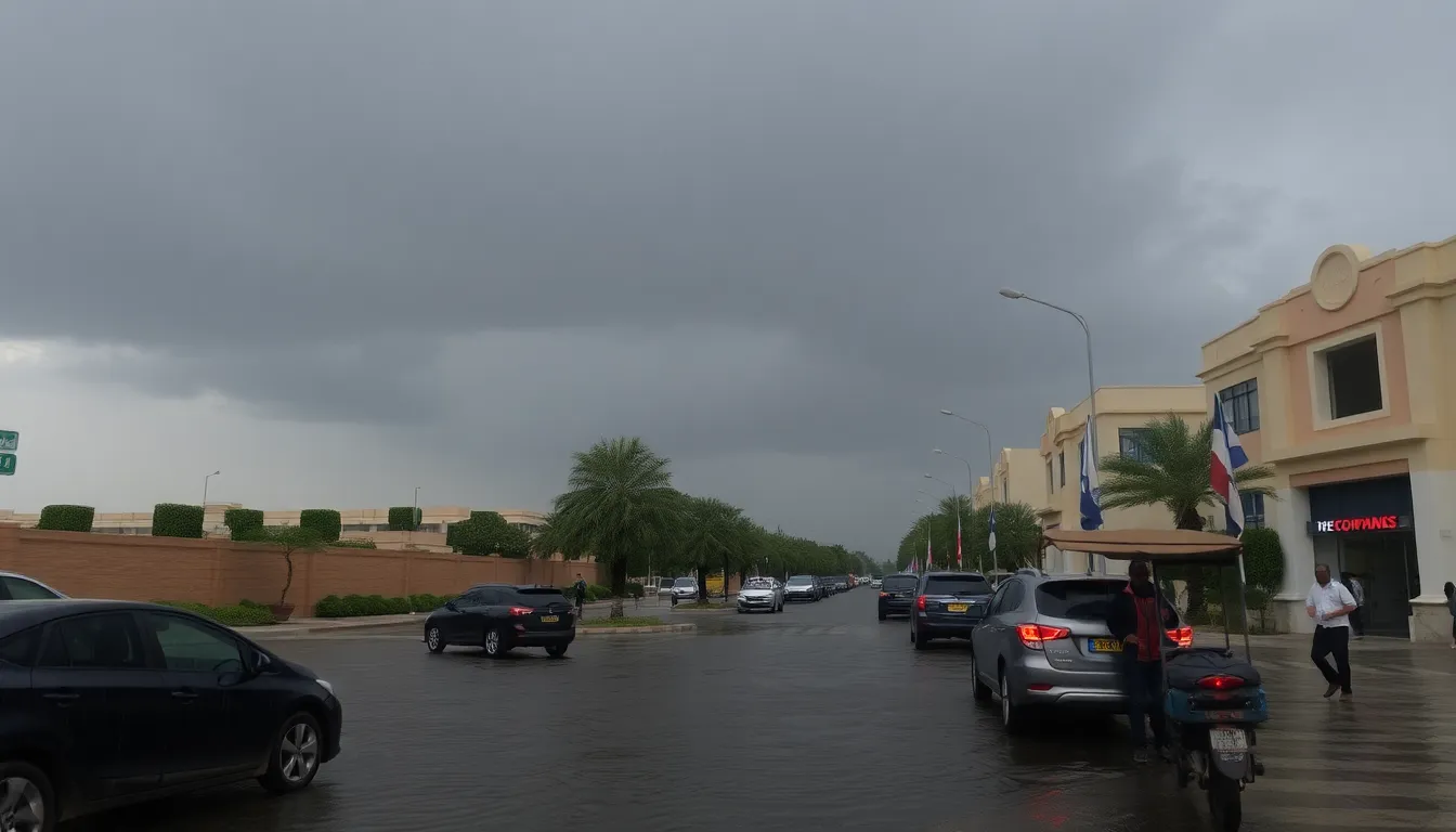 Dark clouds loom over a flooded street in Dubai as heavy rain continues to fall during a thunderstorm.