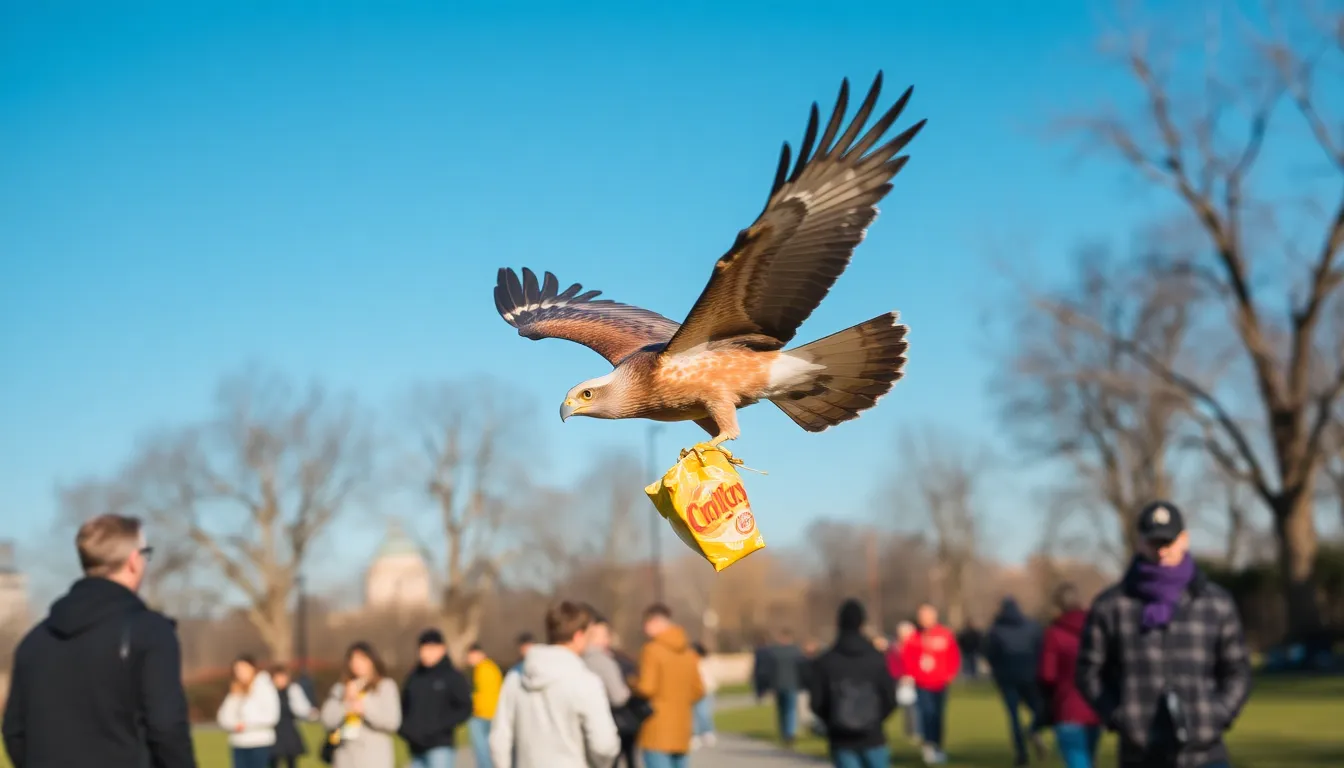 A redtailed hawk is seen soaring through the sky while clutching a processed snack item, drawing attention from onlookers in a busy park.