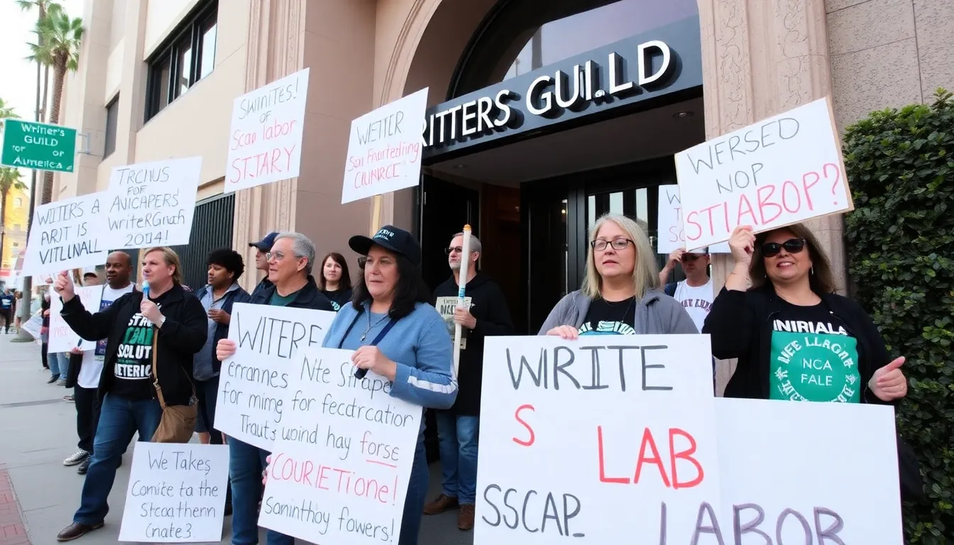 Writers Guild of America members gather outside a studio, holding signs and chanting in protest against the use of scab labor during their ongoing strike.