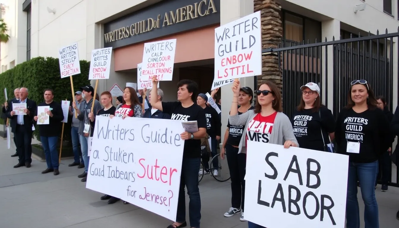 Striking writers hold up signs demanding fair treatment and better pay during a heated demonstration