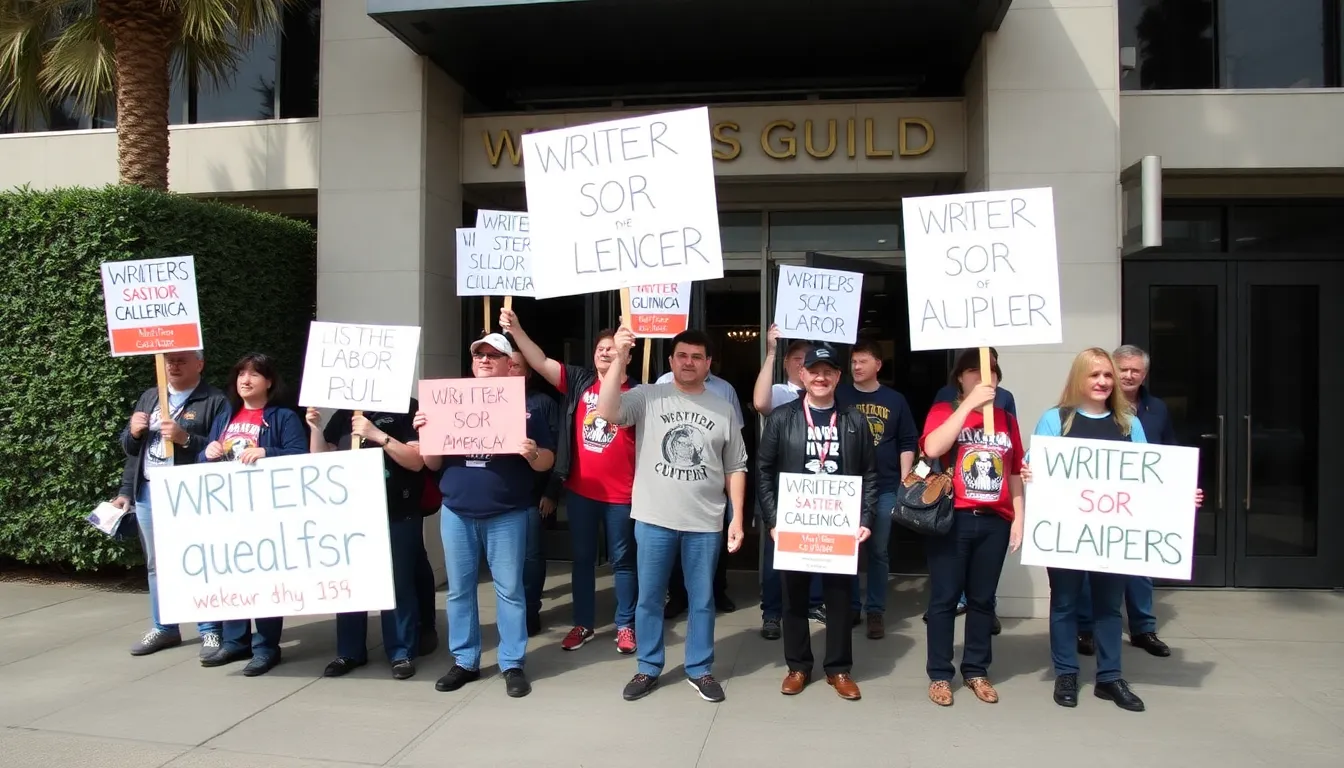 A crowd of supporters gathers outside the studio, expressing solidarity with the striking writers and their demands for improved working conditions