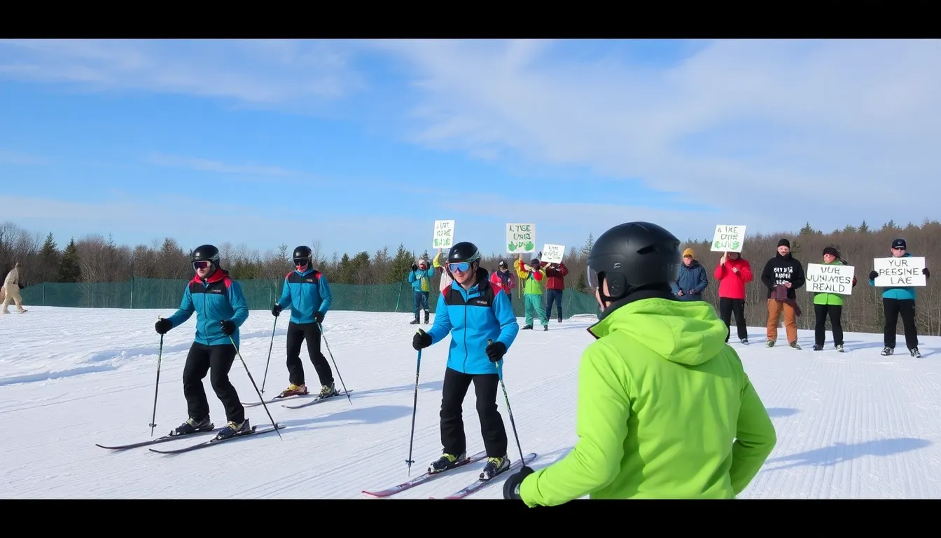 Athletes train on a snowcovered slope as environmental activists hold signs advocating for sustainable practices at the upcoming Winter Olympics.