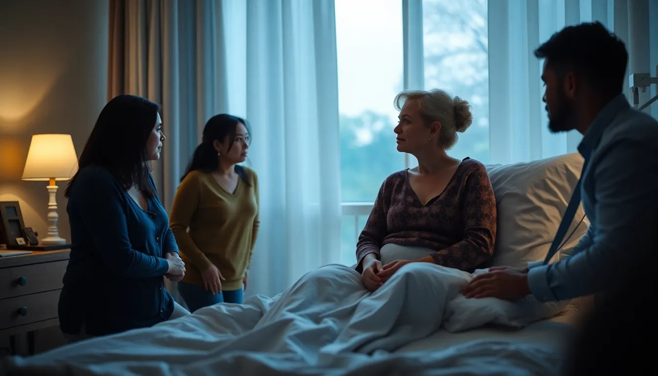 A woman sits in a hospital room, looking contemplative as she receives support from family members after being diagnosed with terminal brain cancer following a suitcase accident.