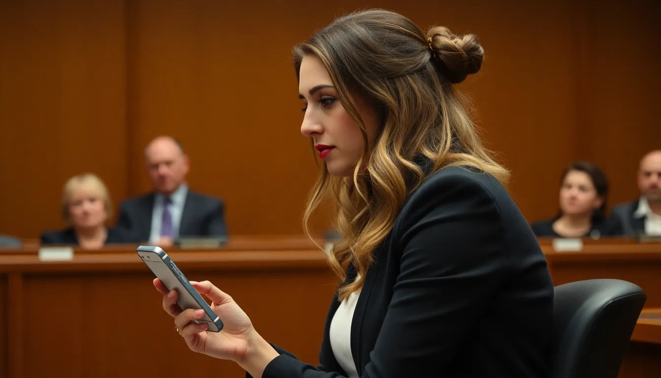 A woman sits in a courtroom, speaking to the judge while holding her phone, as she discusses her extensive use of Instagram during the trial.