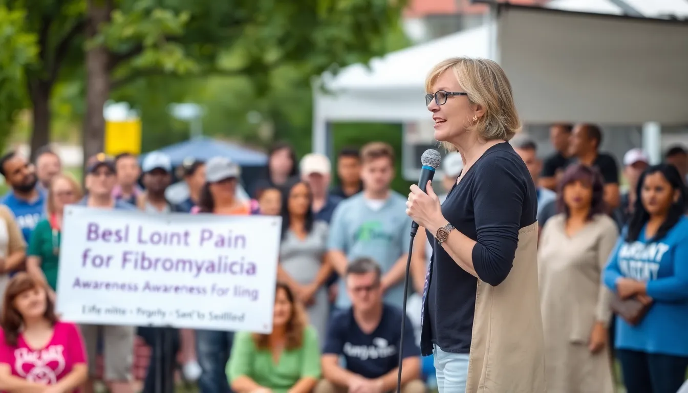 A woman passionately speaks to a small crowd at a local event, sharing her experiences with chronic pain and advocating for greater awareness and support for those affected by fibromyalgia.