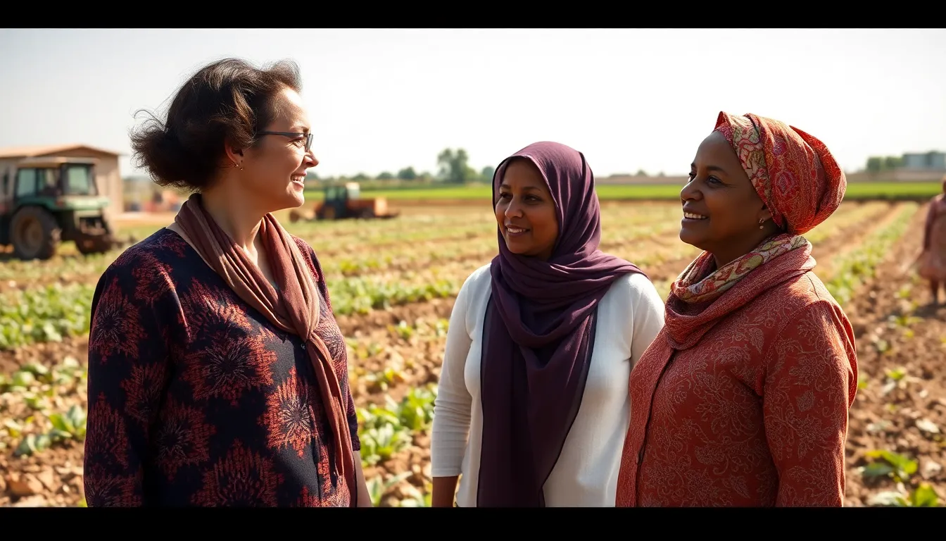 Two women from different continents stand together in a field, discussing the impact of climate change on agriculture as they face similar challenges in their farming practices.