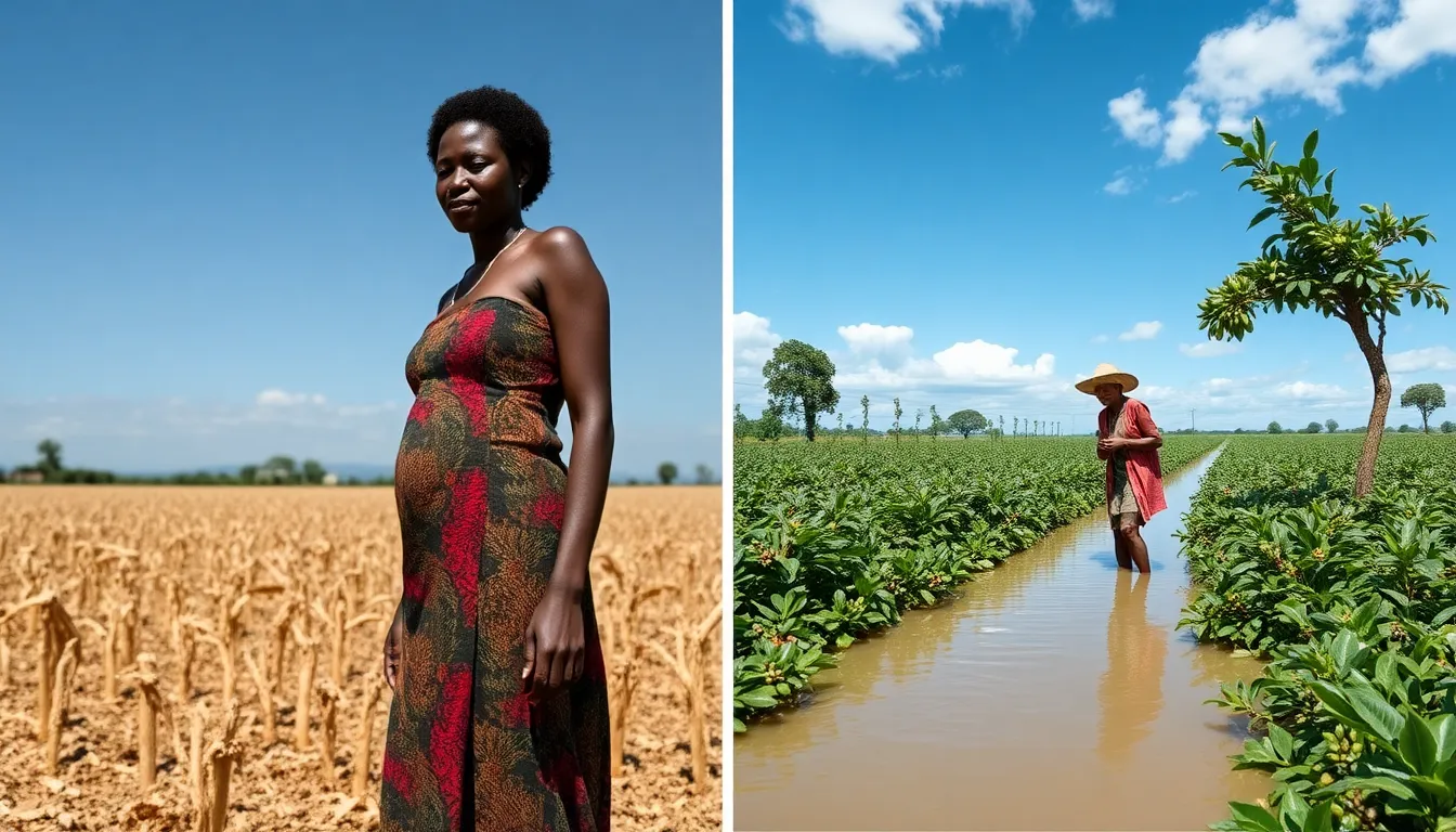 Amina stands in her droughtstricken maize field in Kenya, while Maria surveys her flooded coffee plantation in Brazil, both women reflecting the severe impacts of climate change on their farming livelihoods.