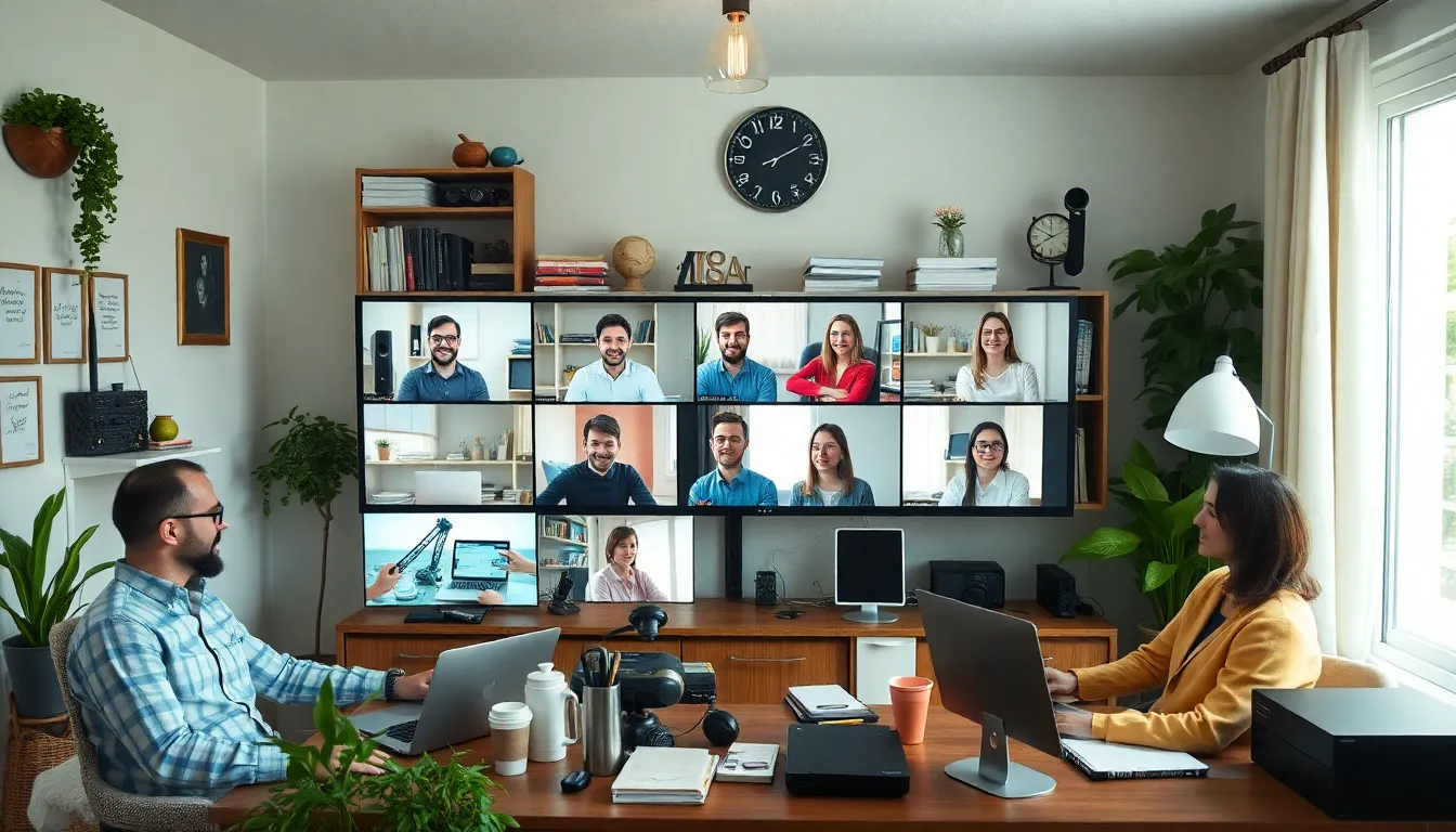 A group of professionals is engaged in a video conference from their home offices, highlighting the shift to remote work as a strategy to conserve energy during the current energy crisis.