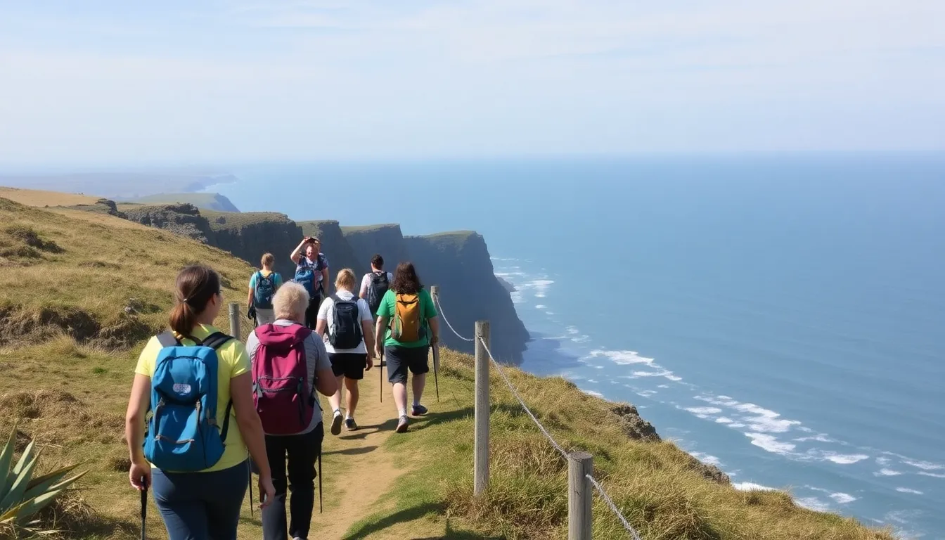 A diverse group of hikers walks along the newly opened England Coast Path, surrounded by rugged cliffs and scenic coastal views.
