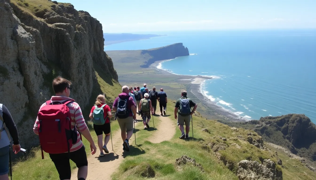 Hikers enjoying a peaceful stroll on a tranquil beach, highlighting the diverse environments accessible via the world's longest coastal path