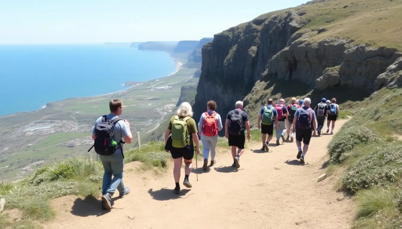 Local businesses bustling with activity as tourists gather in a coastal town, illustrating the economic boost from increased foot traffic due to the new path