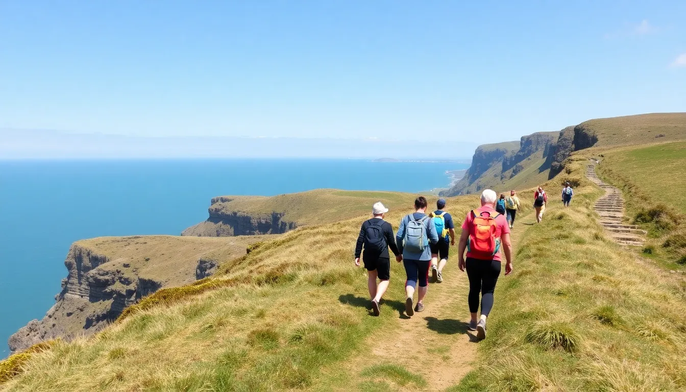 A group of walkers connecting with nature while traversing the coastal path, symbolizing the initiative's focus on promoting outdoor activities and environmental stewardship