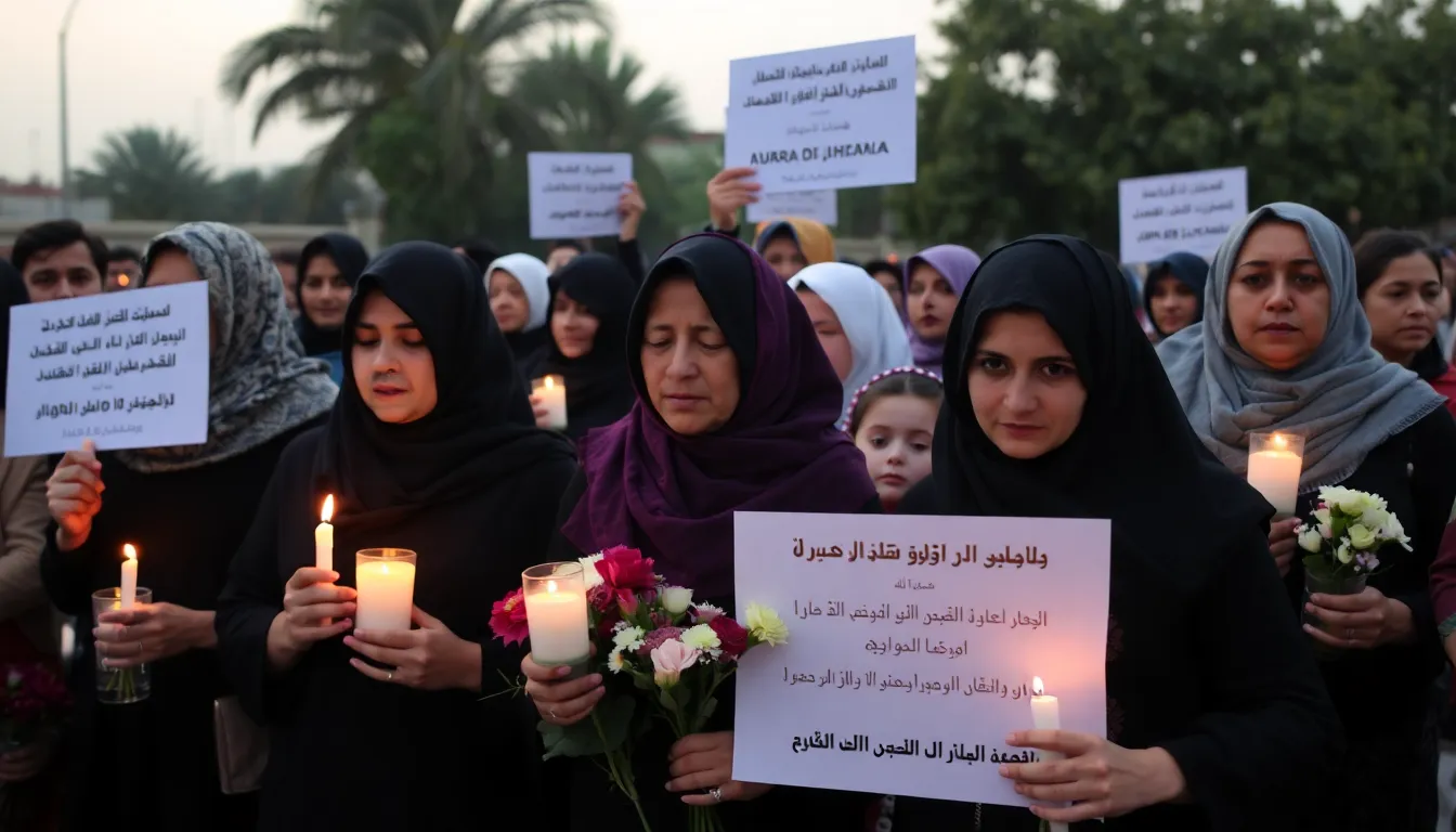 A group of mourners gathers in Baghdad, holding candles and flowers in memory of Yanar Mohammed, the slain women's rights advocate, as they express their grief and demand justice for her tragic death.