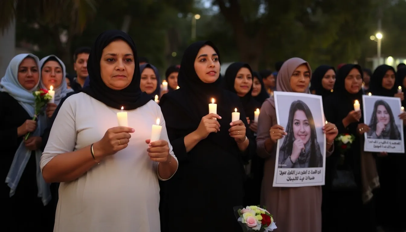 A somber vigil held in memory of Yanar Mohammed, with candles illuminating the night in tribute to her legacy