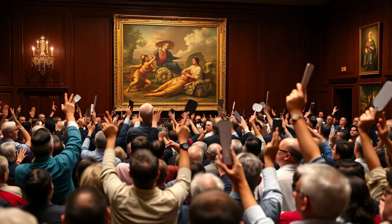 A crowded auction room buzzes with excitement as bidders raise their paddles for a historic 19thcentury painting that recently sold for .9 million, setting a new record for Indian art.