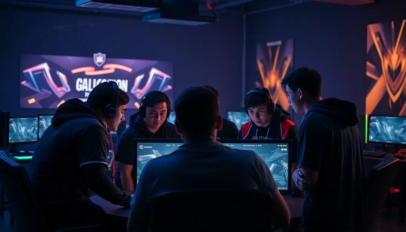 A group of esports players huddles around a computer screen during a strategy session, discussing their upcoming matches in a competitive gaming tournament.
