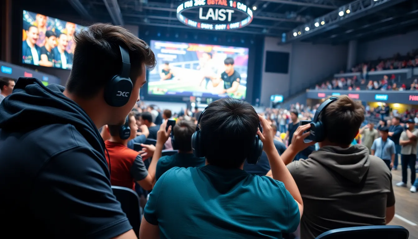 A group of esports players competes intensely at a fighting game tournament, with spectators cheering in the background and a large screen displaying the match highlights.