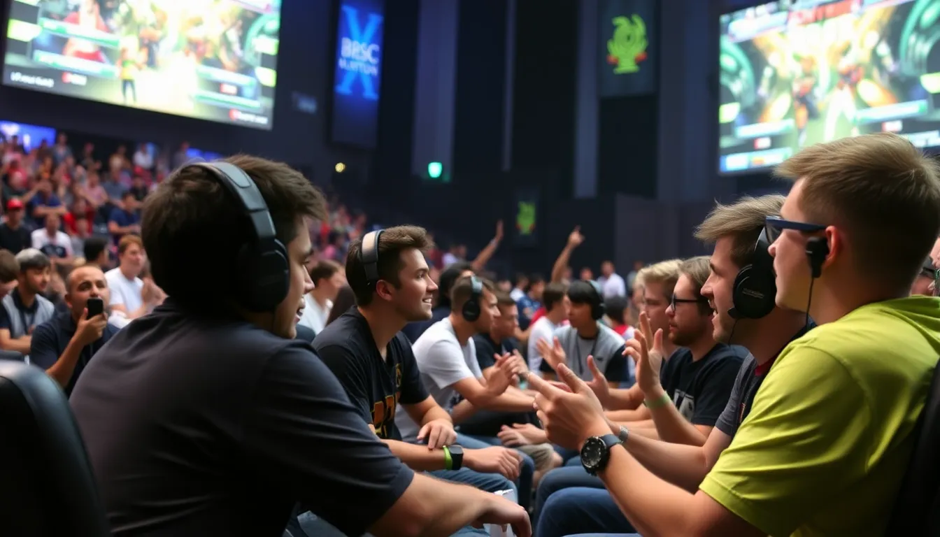 A group of competitive players discussing strategies and forming connections at a grassroots tournament, embodying the spirit of camaraderie that defines the FGC