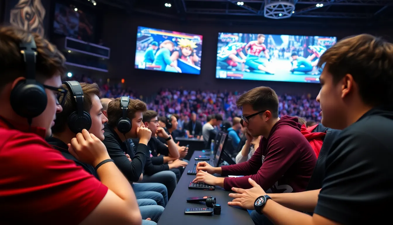 A crowd of enthusiastic fans cheering for their favorite players at a major esports event, illustrating the passion and dedication of the fighting game community