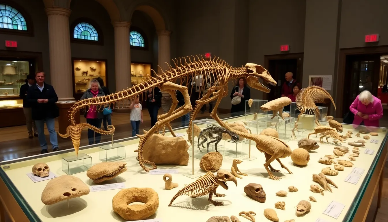 A diverse array of fossil specimens is displayed at the American Museum of Natural History, showcasing the contributions of fossil hunters to paleontology.