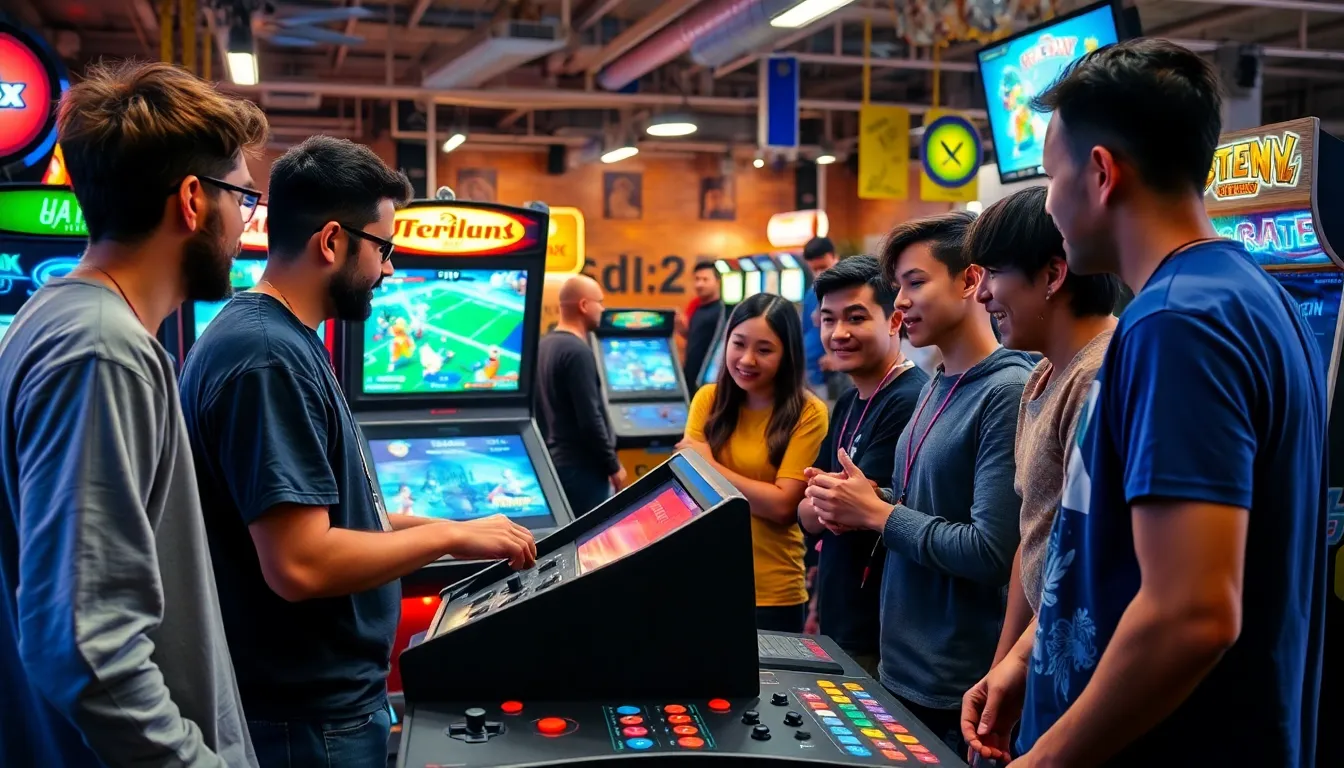 A group of diverse gamers gathers around a console at a local arcade, eagerly watching a match on the screen as they discuss strategies and share laughter.