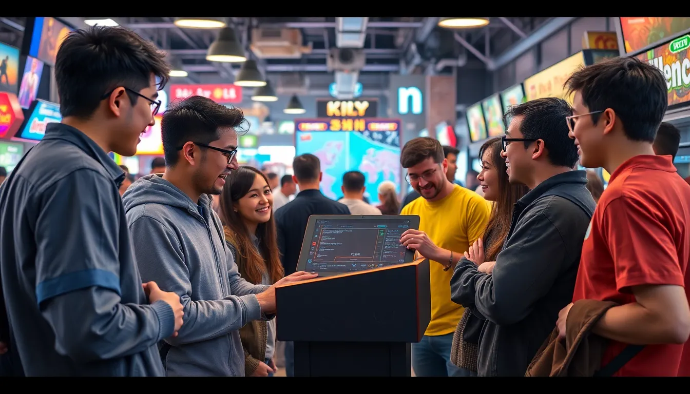 A vibrant tournament scene bustling with participants and spectators, showcasing the competitive yet welcoming atmosphere of the FGC