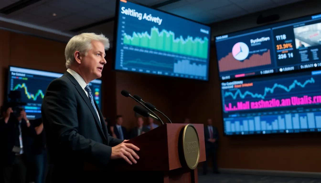 Bill Ackman stands at a podium addressing reporters about his bid to acquire Universal Music Group, with financial charts and music industry graphics displayed in the background.