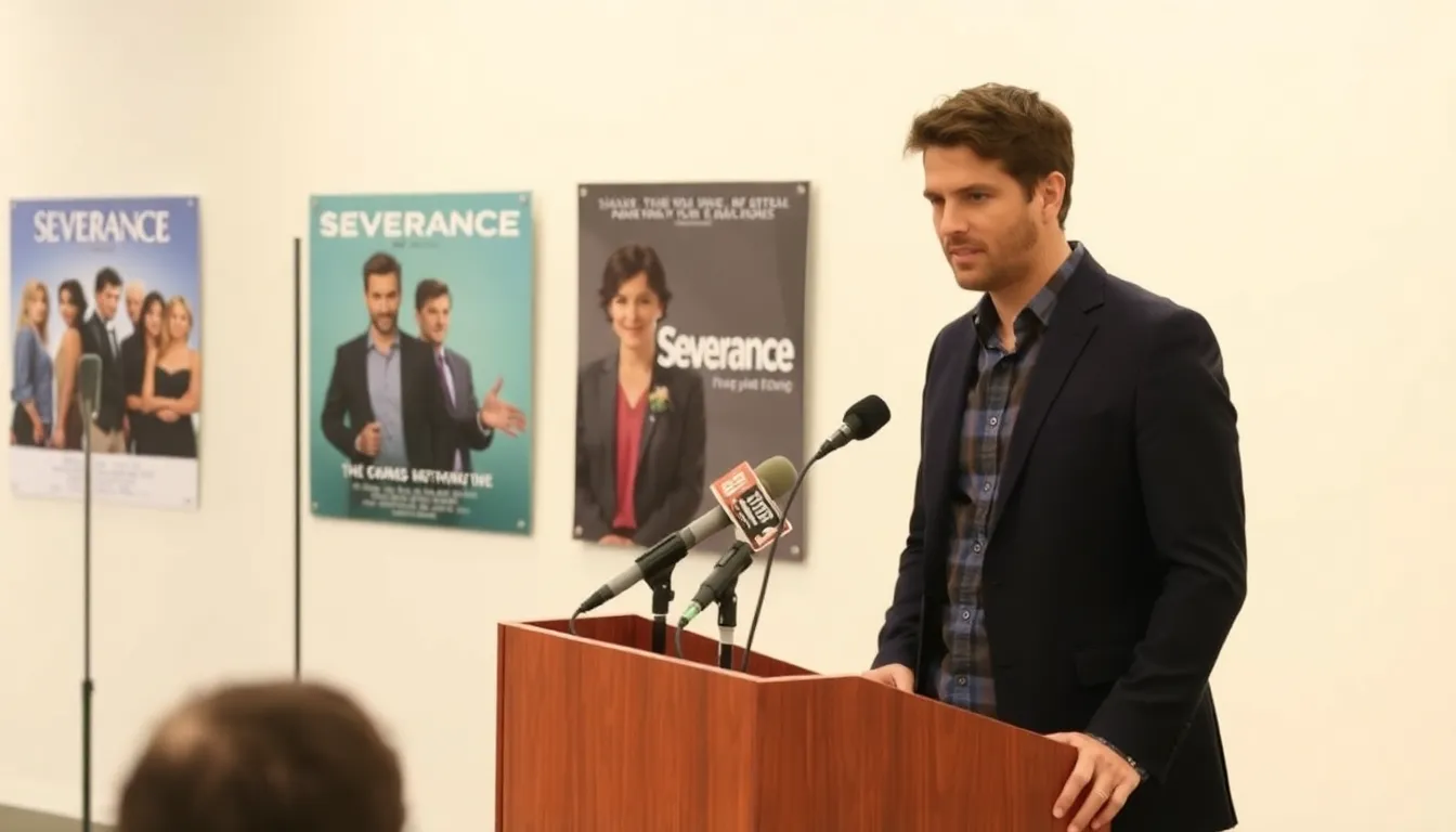 Adam Scott speaks during a press event, sharing insights about the upcoming third season of Severance, with a backdrop of promotional posters for the show.