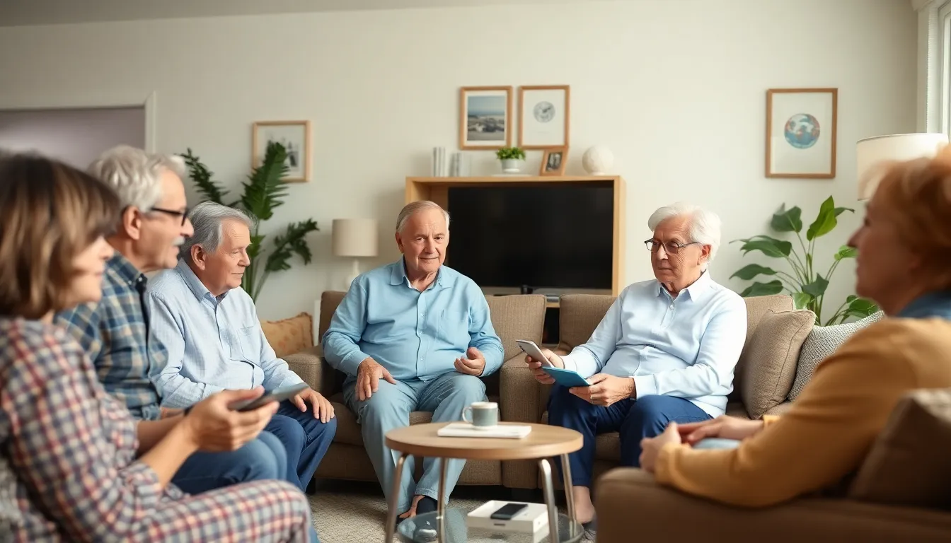 A group of seniors engages with various smart home devices in a cozy living room, highlighting the integration of technology in their daily lives to support independent living.