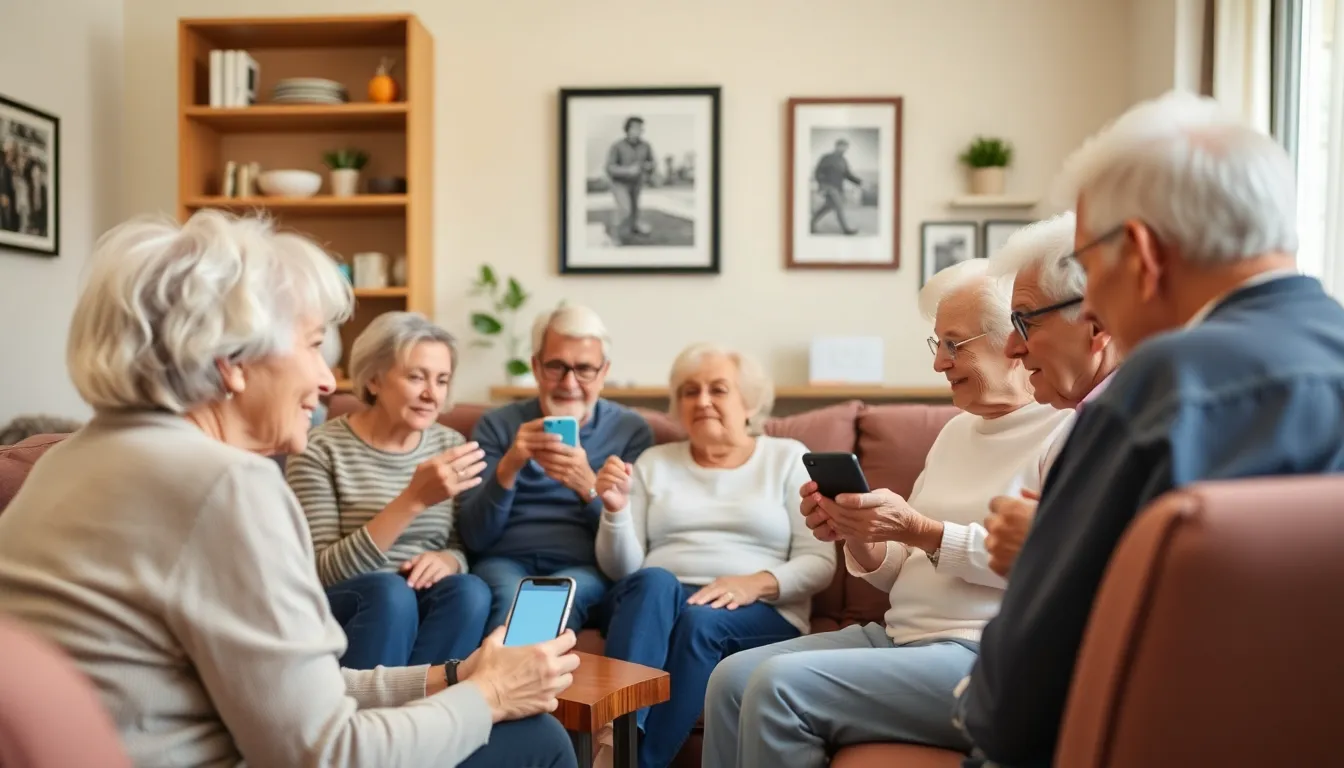 A group of older adults participating in a virtual meeting, showcasing their improved comfort with technology for social connection