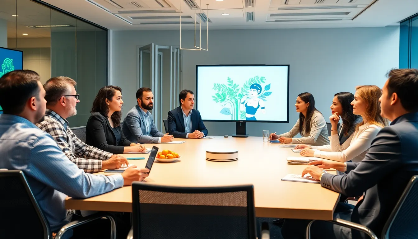 A group of people is gathered around a table, engaging in a discussion about the benefits and challenges of using A.I. chatbots for nutrition advice at a conference on technology and health.