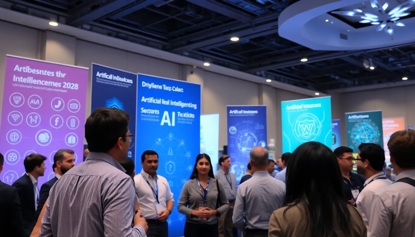 A group of professionals discusses the latest advancements in artificial intelligence technology during a conference, with banners showcasing various AI applications in the background.