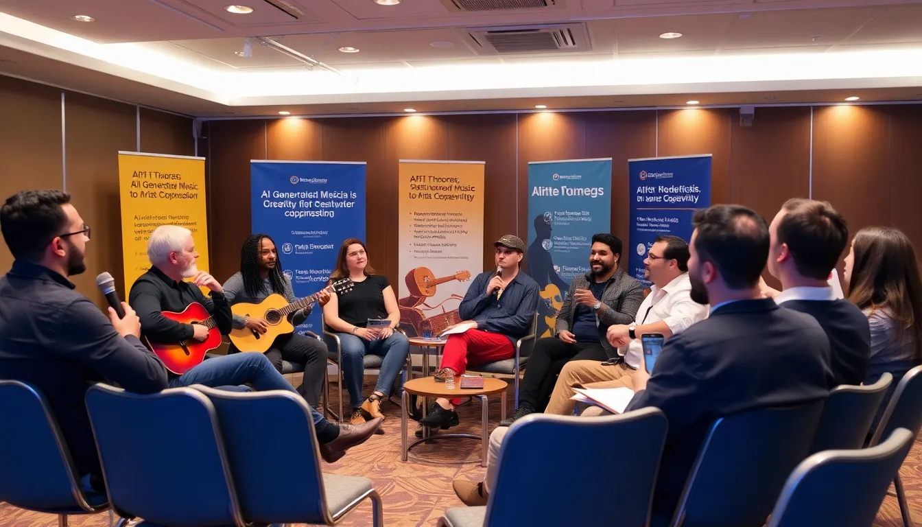 A group of musicians and industry experts gathers at a conference, passionately discussing the implications of AIgenerated music on creativity and artist compensation.