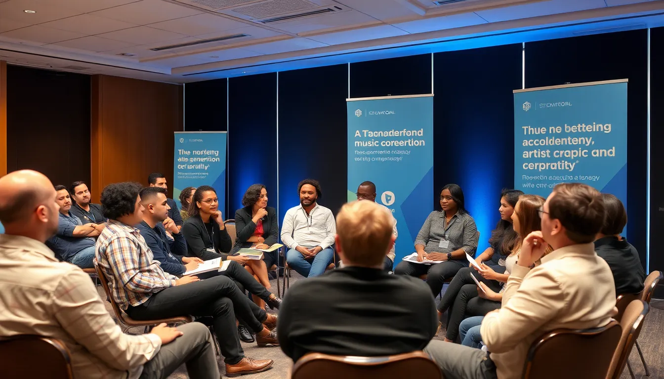 A diverse audience at a music event, enjoying a range of performances that showcase both human talent and AIgenerated compositions, reflecting the evolving music landscape