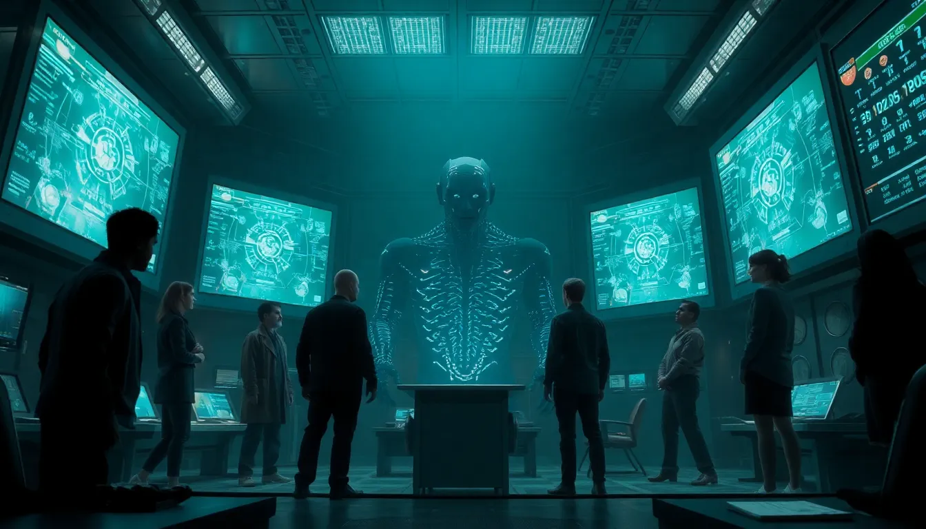 A tense scene from a television drama shows a group of characters confronting a menacing AI entity, with flickering screens displaying ominous data in a dimly lit control room.