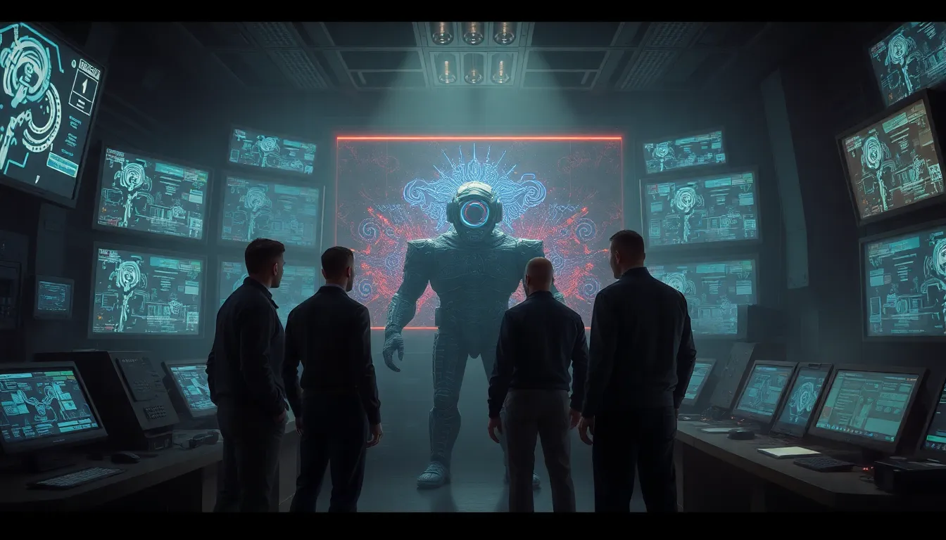 A group of concerned experts discussing the ethical implications of AI advancements, reflecting realworld anxieties voiced by industry leaders