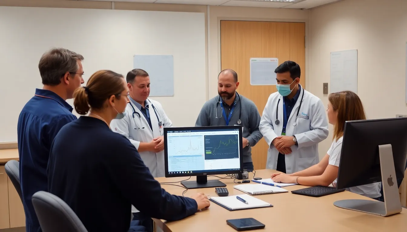 A diverse group of stakeholders collaborates on AI applications to optimize patient outcomes and healthcare efficiency in bowel cancer treatment