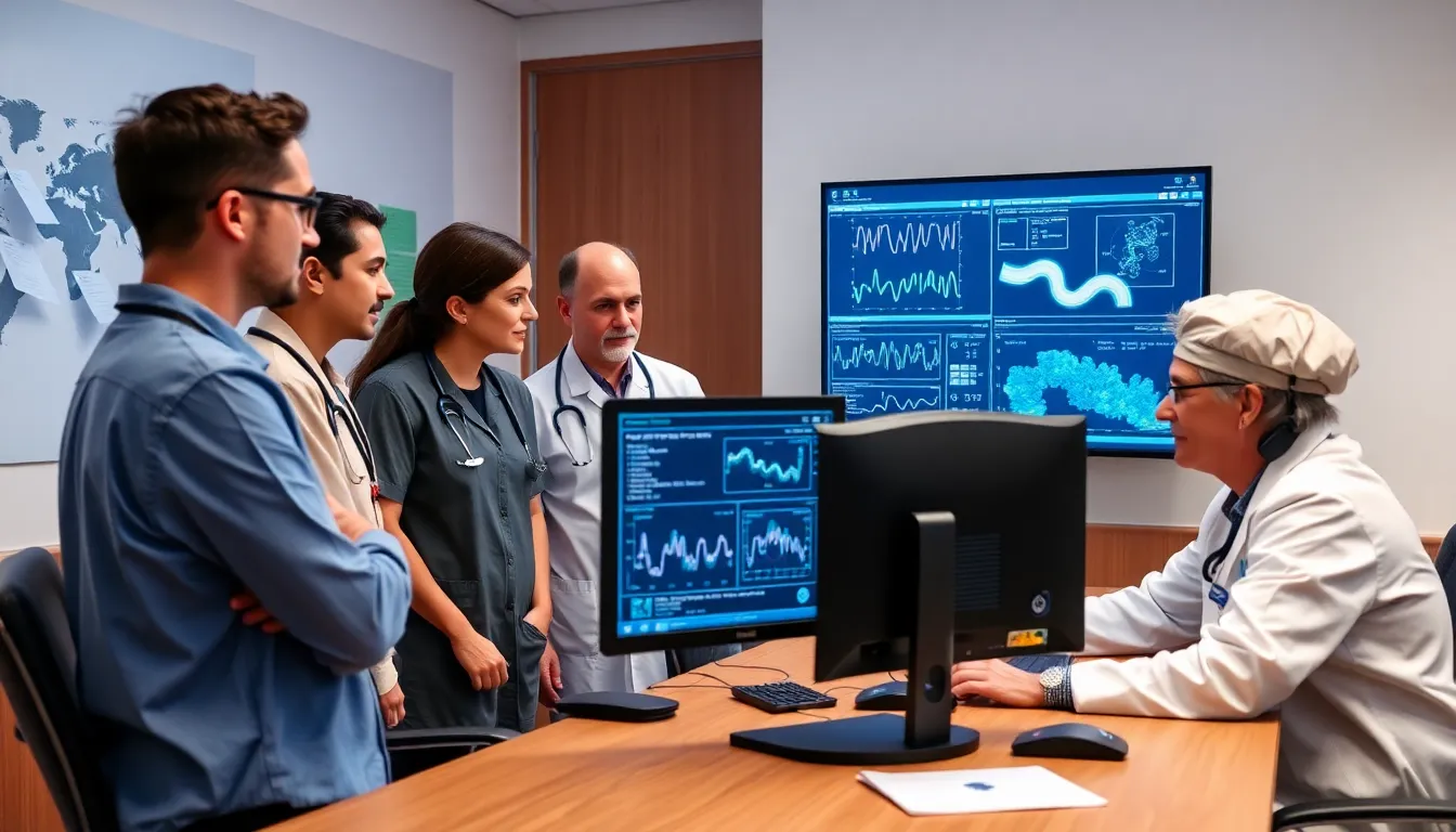 A group of healthcare professionals discusses patient data and treatment plans in a hospital setting, highlighting the integration of AI technology in predicting responses to a new bowel cancer drug.