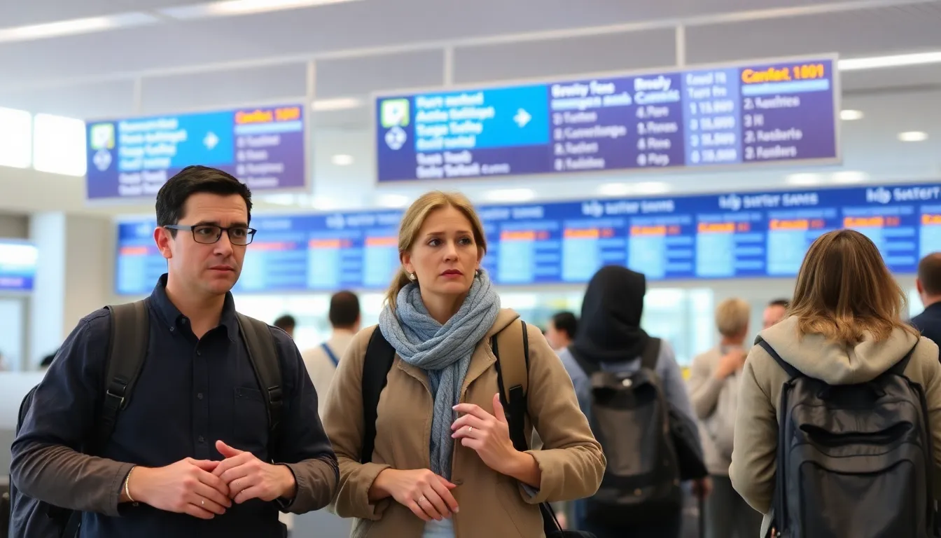 An airline employee assisting a customer with luggage, illustrating the interaction between airlines and passengers during fee adjustments