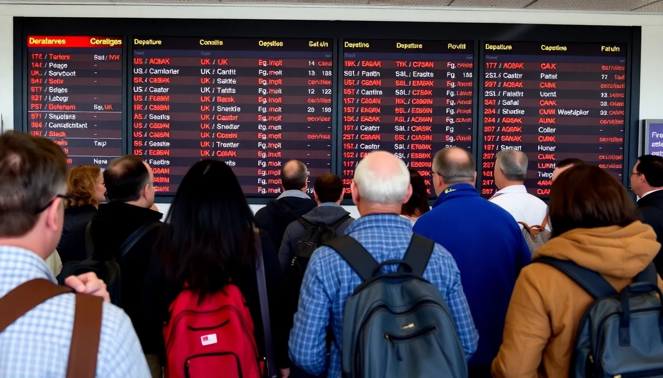 Passengers at an airport terminal look frustrated as they gather around a departure board displaying numerous flight cancellations to the UK.