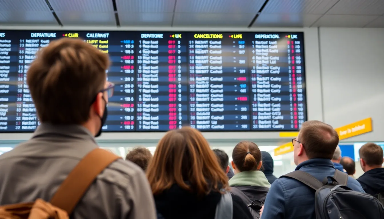 A traveler speaking with an airline representative at a customer service desk, seeking rebooking options for their canceled flight