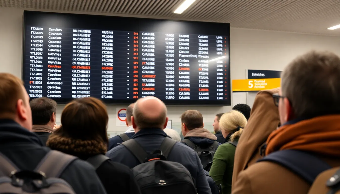 A digital display board showing multiple canceled flights to various destinations, highlighting the impact on air travel to the UK