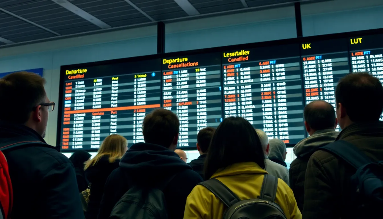 A train station bustling with passengers considering alternative travel options as flights to the UK face disruptions