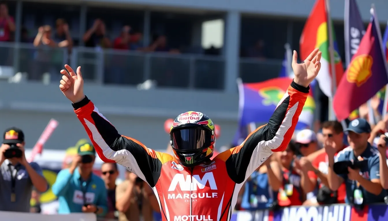 Alex Marquez celebrates his victory at the MotoGP event, having ended Marco Bezzecchi's winning streak, with fans cheering in the background.
