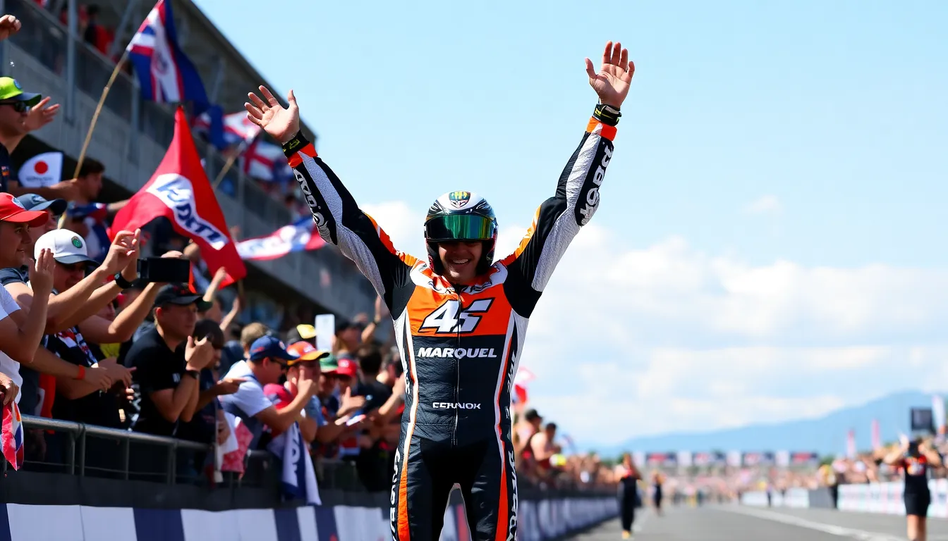 Marco Bezzecchi appears focused as he pushes his bike to maintain speed, determined to reclaim the lead against Marquez