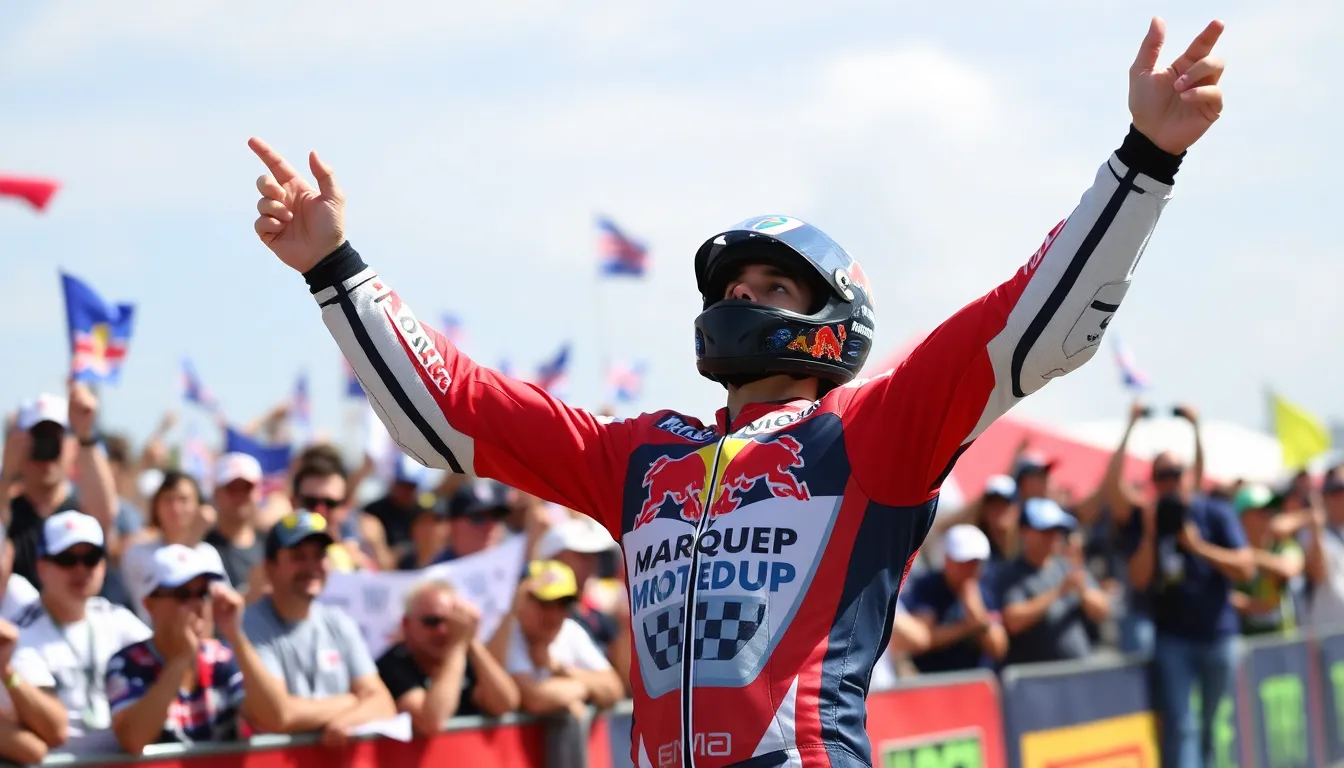 The excitement in the pit crew is palpable as Alex Marquez celebrates his victory, marking a significant moment in the championship