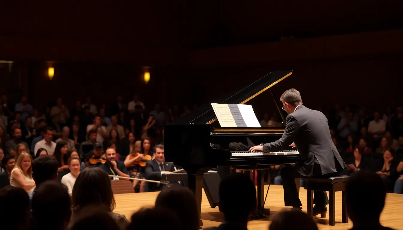 Alim Beisembayev passionately performs a Romantic piano piece on stage, captivating an audience with his emotional expression and technical skill.