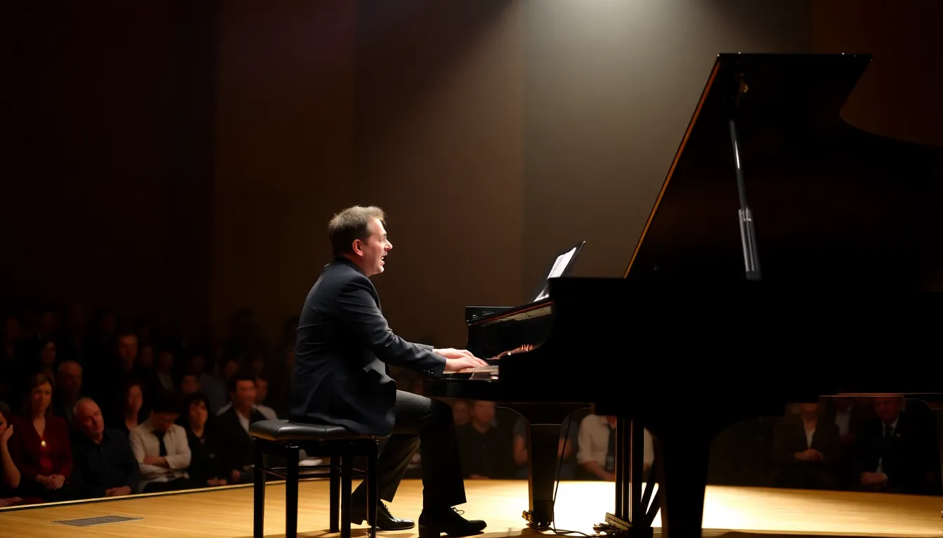 A closeup of Beisembayev's hands gracefully dancing over the piano keys, showcasing his virtuosity and connection to the music