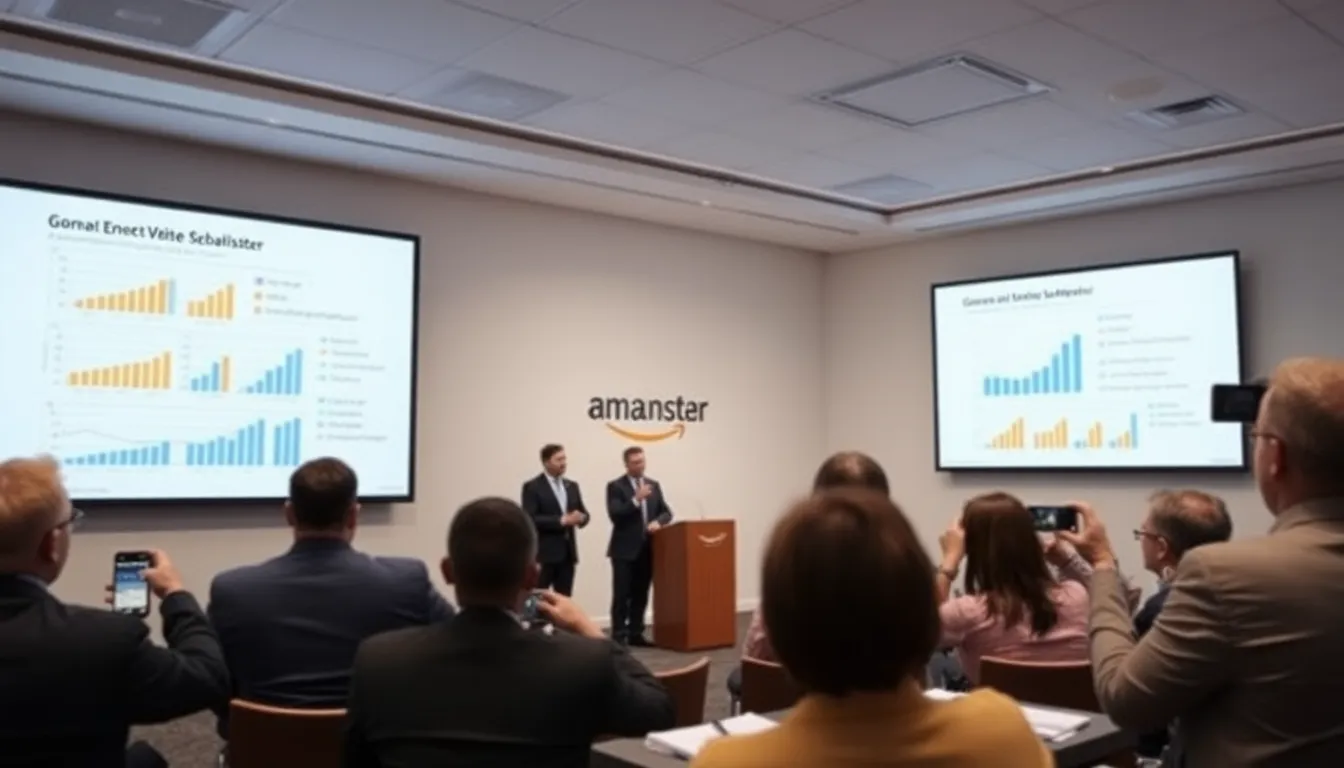 Amazon executives announce the acquisition of Globalstar during a press conference, highlighting the strategic importance of expanding satellite internet services.